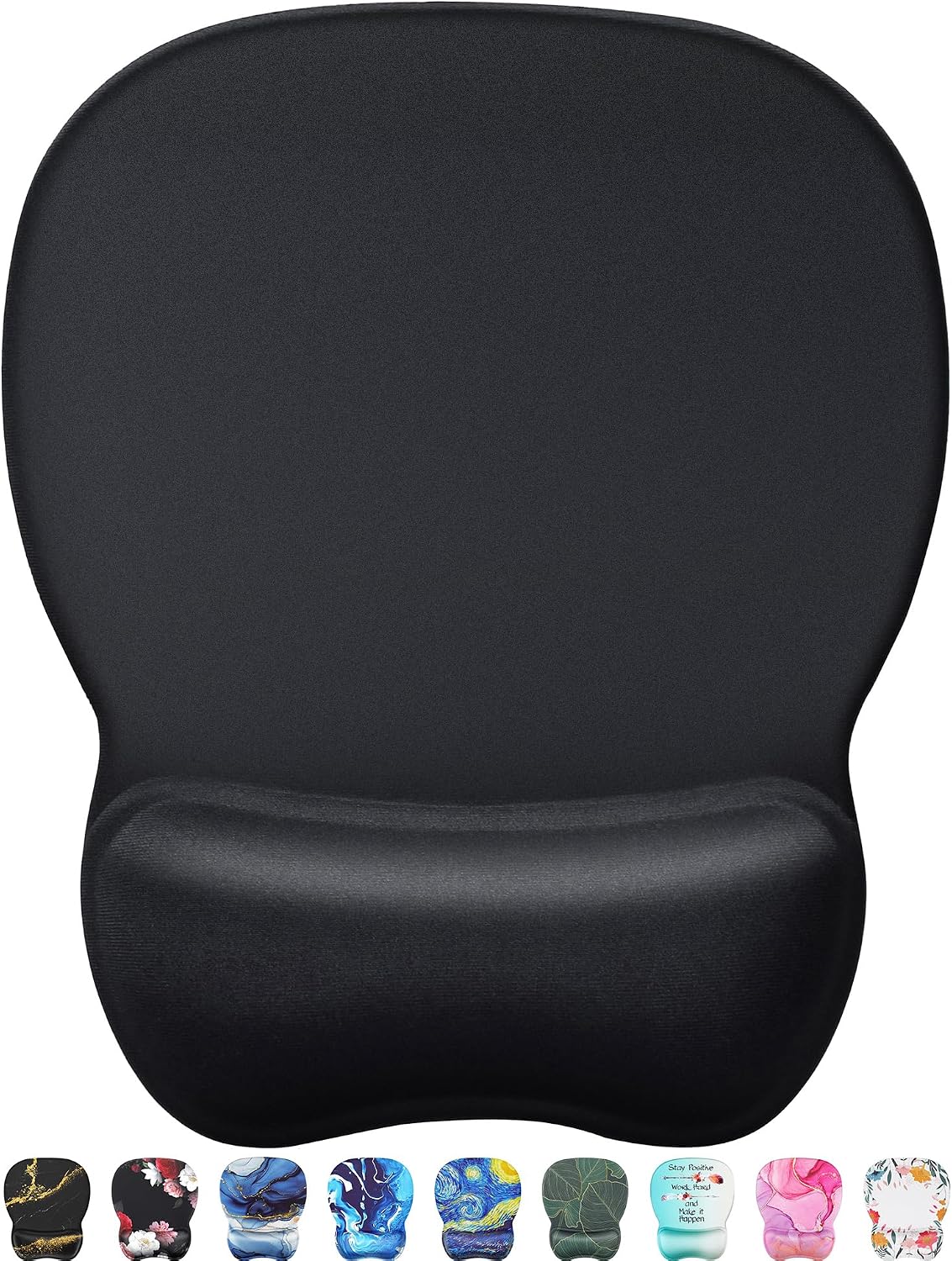 Black wrist rest with colorful designs on a white background