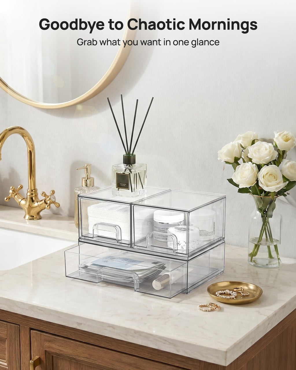 Clear Stackable Storage Drawers Set of 5, Plastic Organizer Bins |