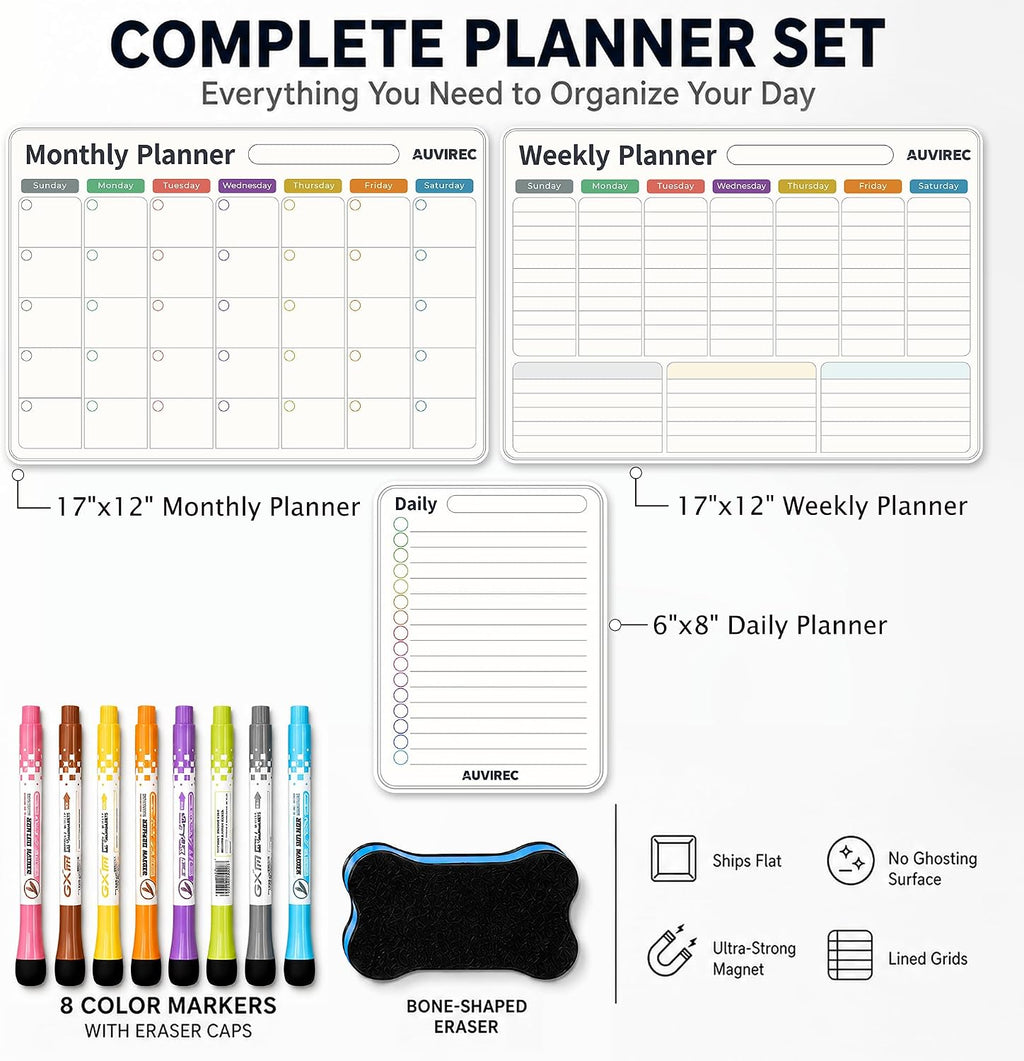 Magnetic Calendar for Refrigerator, 3-Pack |Nano-Tech Surface, 17"x12", 8 Markers & Eraser