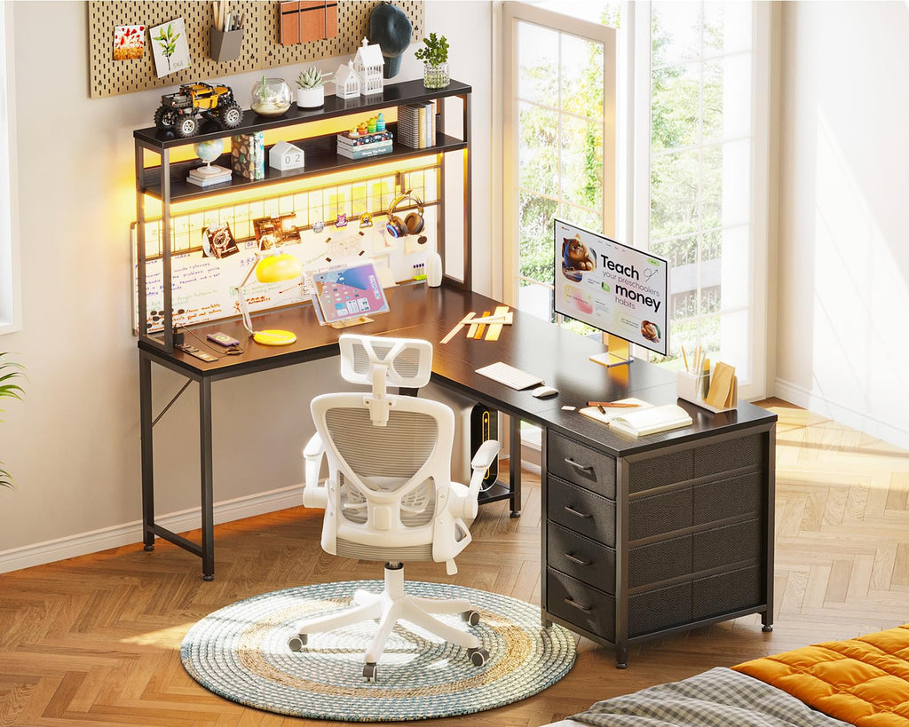 L Shaped Desk Gaming Desk with LED Light & Power Outlet | 53 Inch Home Office