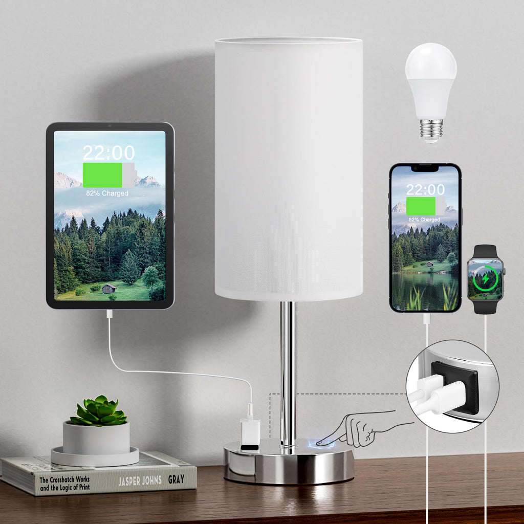Bedside Table Lamp - Dimmable Touch, Wood-Grain Metal Base
