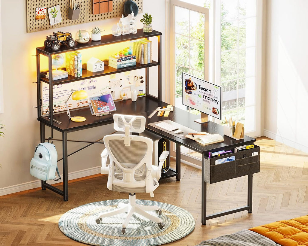L Shaped Desk Gaming Desk with LED Light & Power Outlet | 53 Inch Home Office