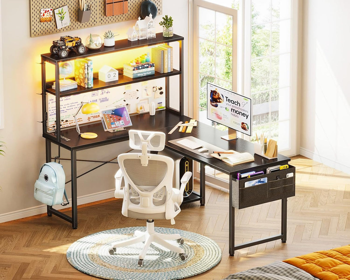 L Shaped Desk Gaming Desk with LED Light & Power Outlet | 53 Inch Home Office