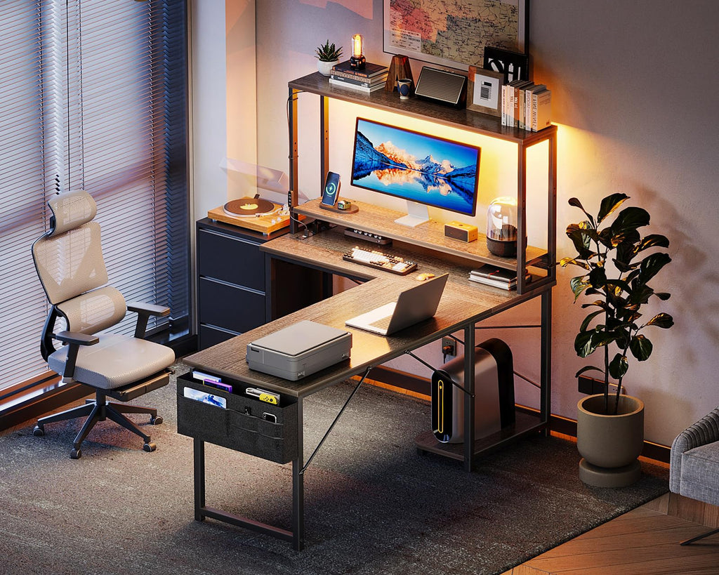 L Shaped Desk Gaming Desk with LED Light & Power Outlet | 53 Inch Home Office