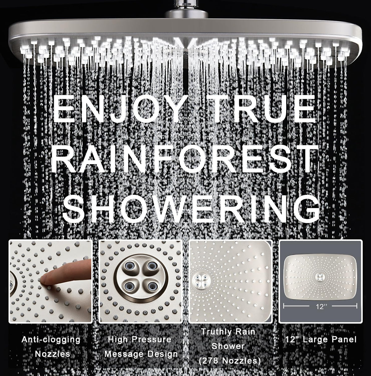 Rain shower head with water droplets and text 'Enjoy True Rainforest Showering' on a black background.