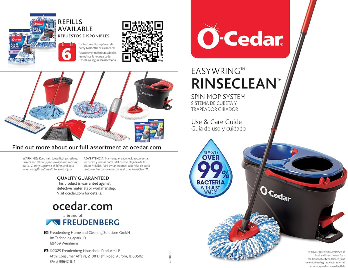 O-Cedar RinseClean Clean Water Spin Mop and Bucket System + 2 Extra Mop Heads | Clean with Clean Water | Removes 99% of Bacteria