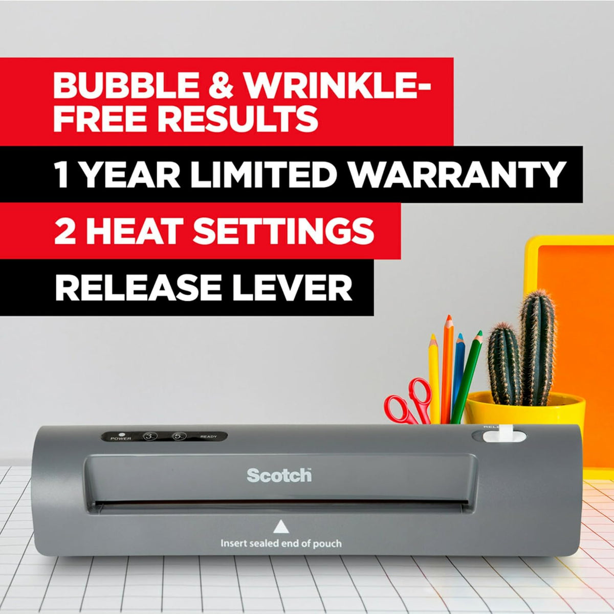 Scotch laminator with product features highlighted on a gray background