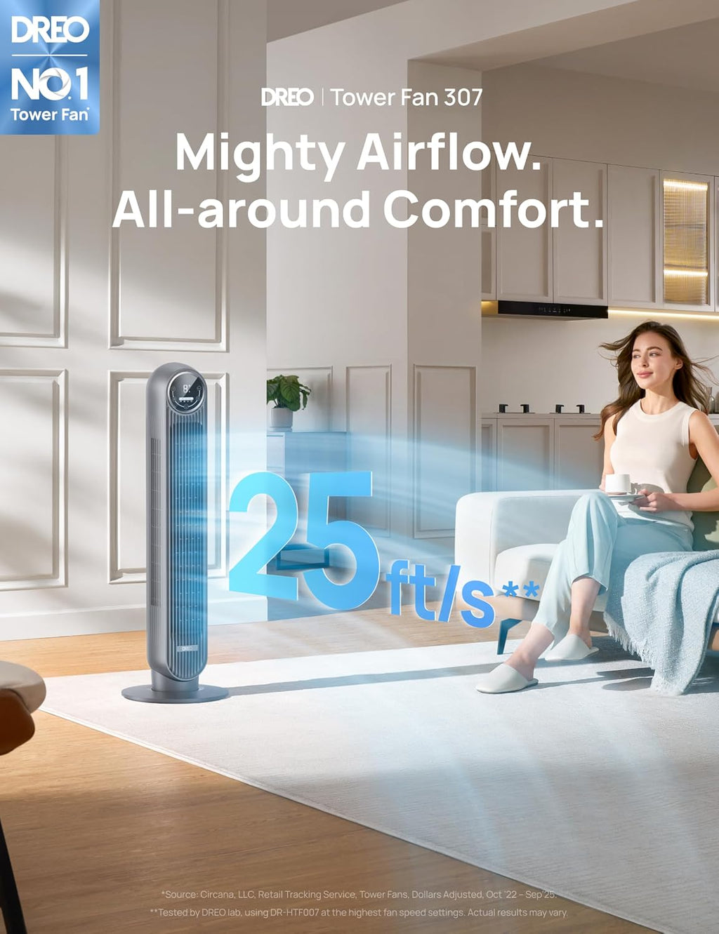 DREO Tower Fan for Bedroom, 25ft/s Velocity, 28dB Ultra Quiet, 4 Speeds