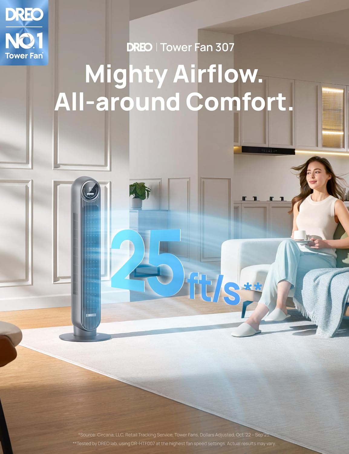 DREO Tower Fan for Bedroom, 25ft/s Velocity, 28dB Ultra Quiet, 4 Speeds