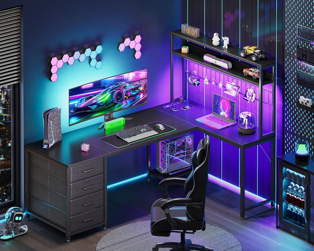 L Shaped Desk Gaming Desk with LED Light & Power Outlet | 53 Inch Home Office