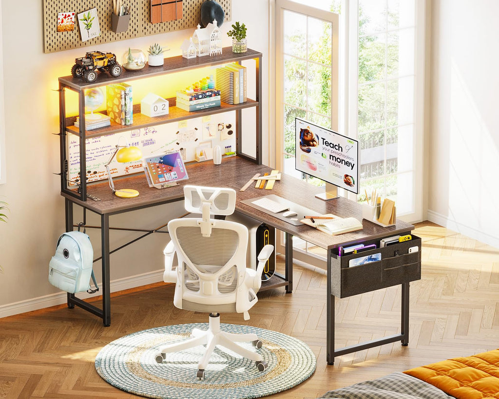 L Shaped Desk Gaming Desk with LED Light & Power Outlet | 53 Inch Home Office