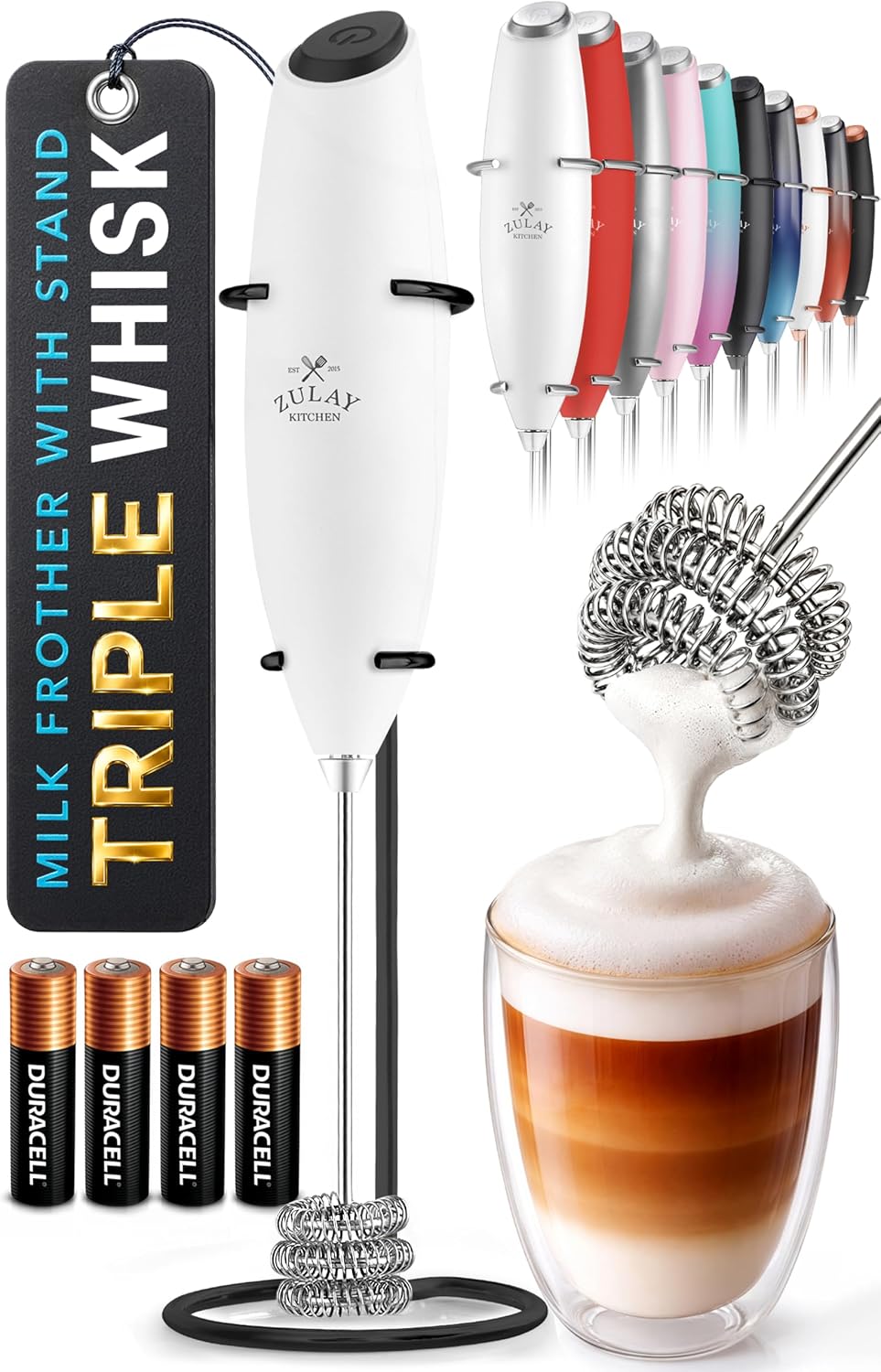 Zulay Kitchen Rechargeable Milk Frother Handheld - Frother Wand, Drink Mixer, Electric Whisk Frother, for Cappuccinos, Matcha & Protein Powder - Dynamic 3 Whisk, 3 Speed 500mAh Black