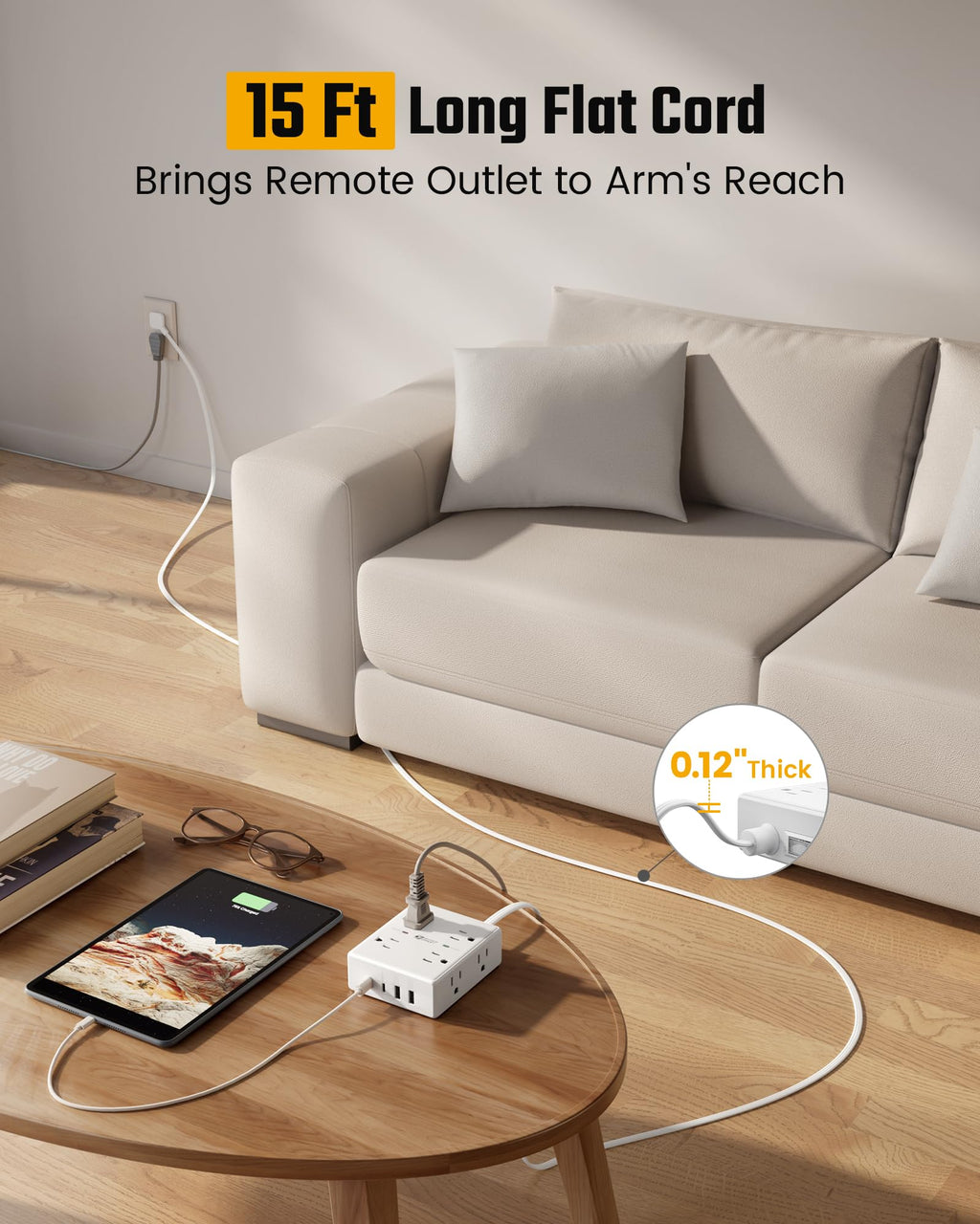 Extension Cord,Flat Plug Surge Protector Power Strip,10Ft | 8 AC & 4 USB Ports