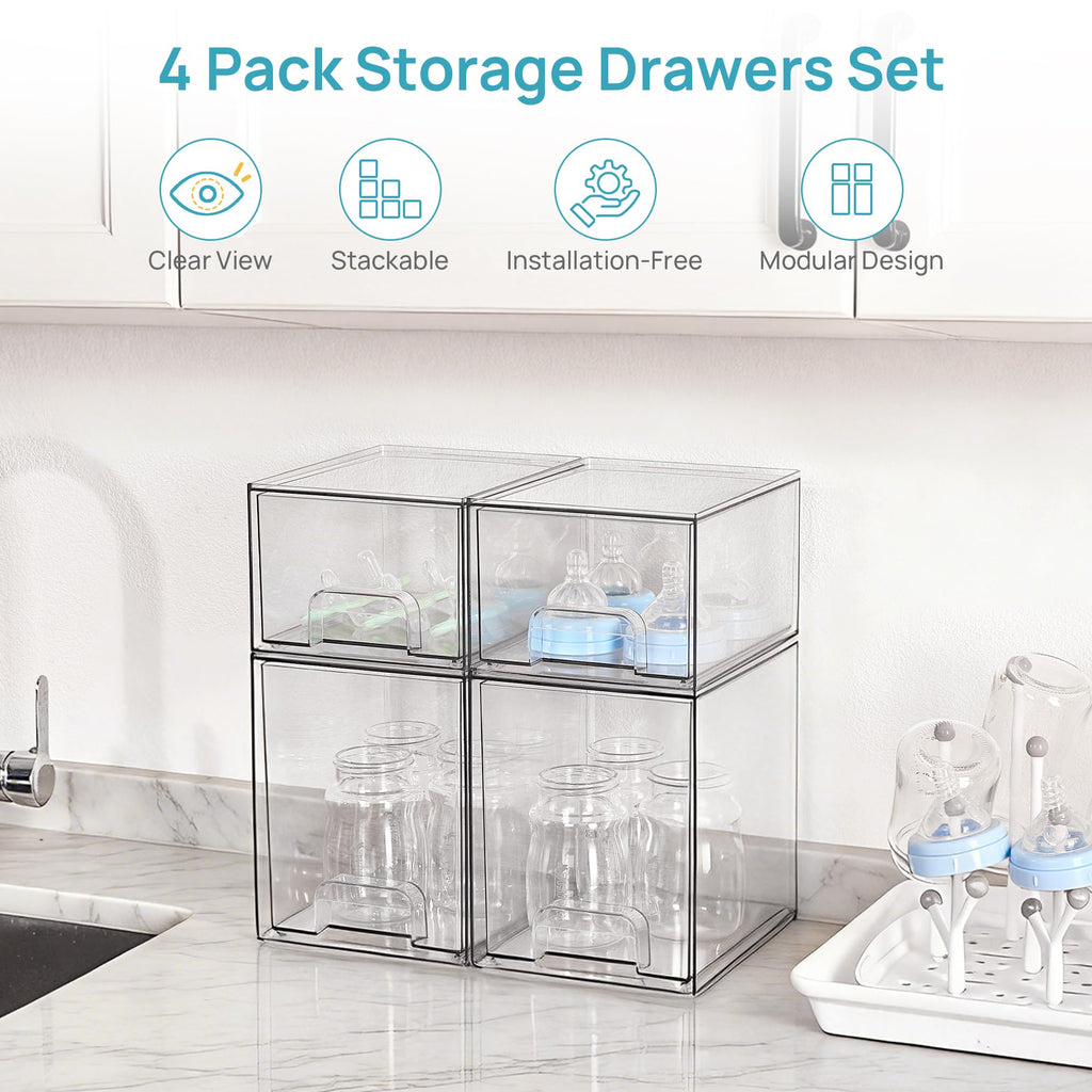 Clear Stackable Storage Drawers Set of 5, Plastic Organizer Bins |