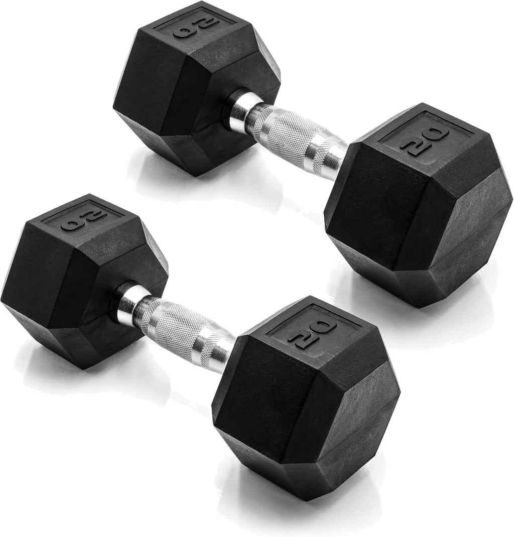Pair of black hexagonal dumbbells on a white background