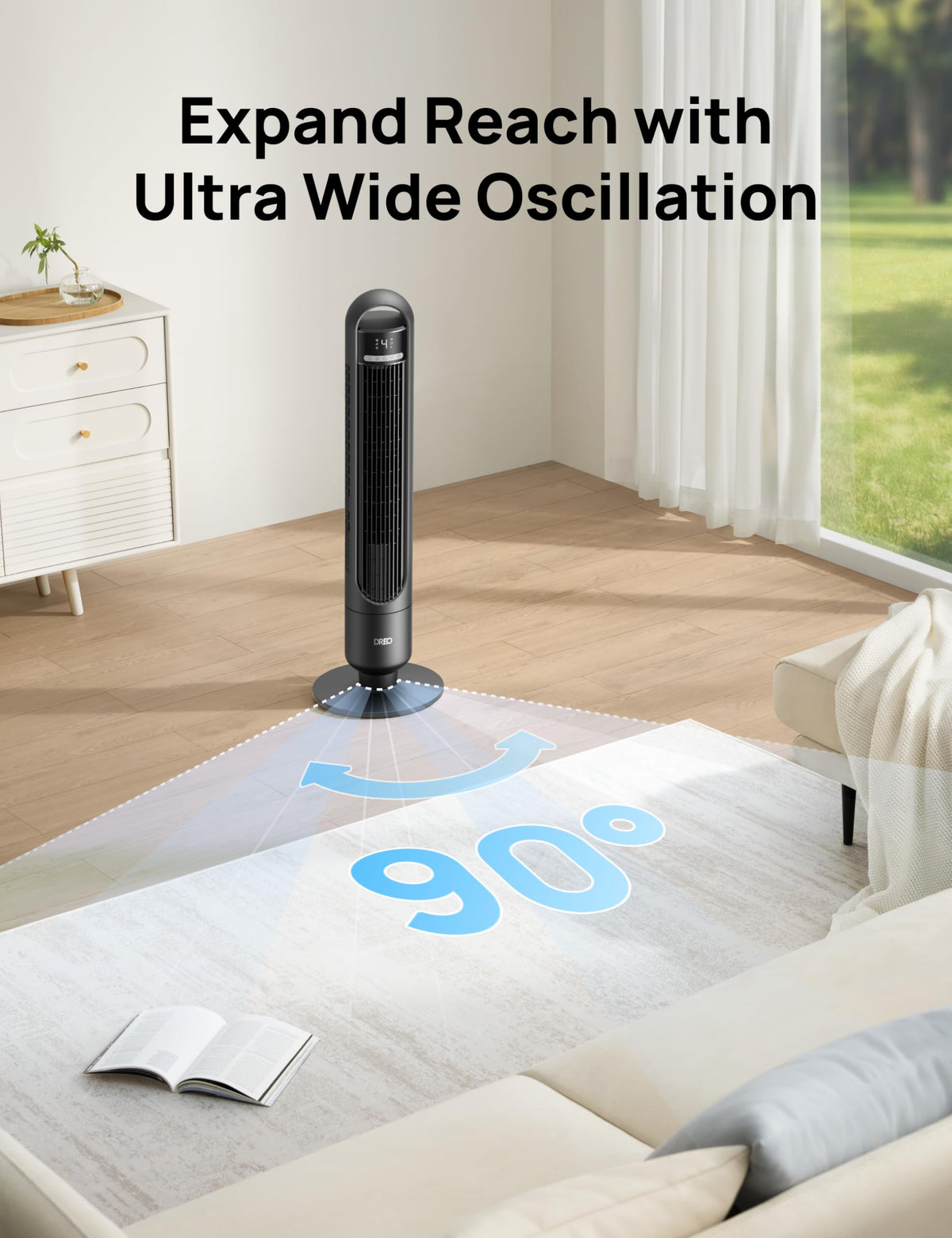 DREO Tower Fan for Bedroom, 25ft/s Velocity, 28dB Ultra Quiet, 4 Speeds