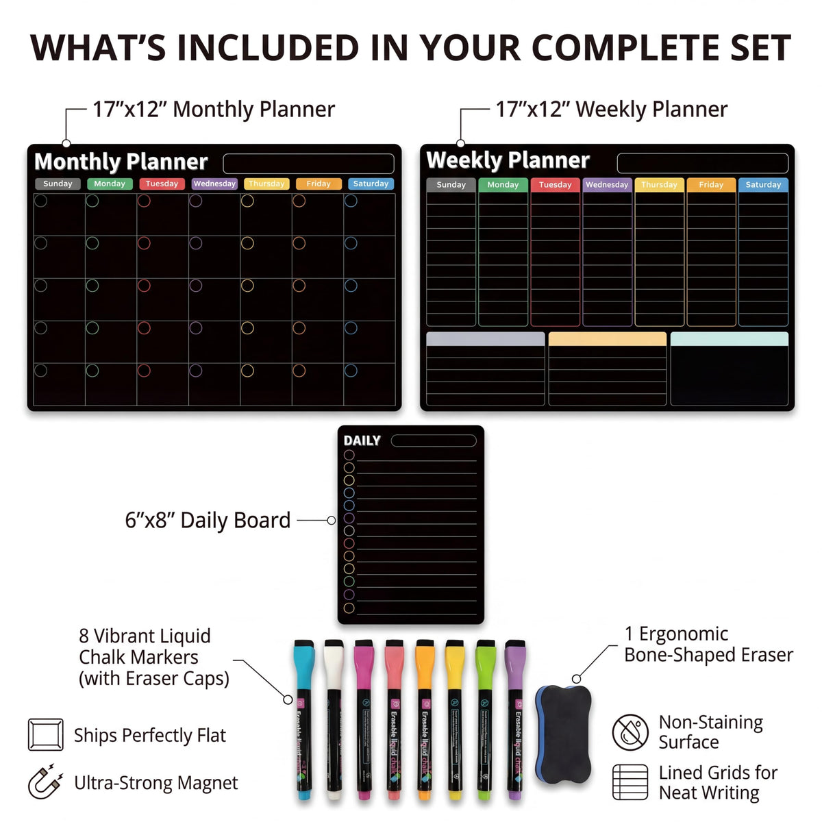 Magnetic Calendar for Refrigerator, 3-Pack |Nano-Tech Surface, 17"x12", 8 Markers & Eraser