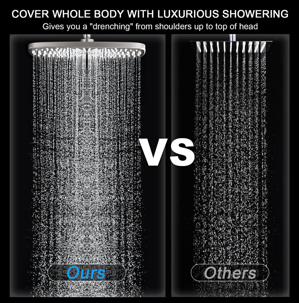 Comparison of shower heads labeled 'Ours' and 'Others' with water droplets.