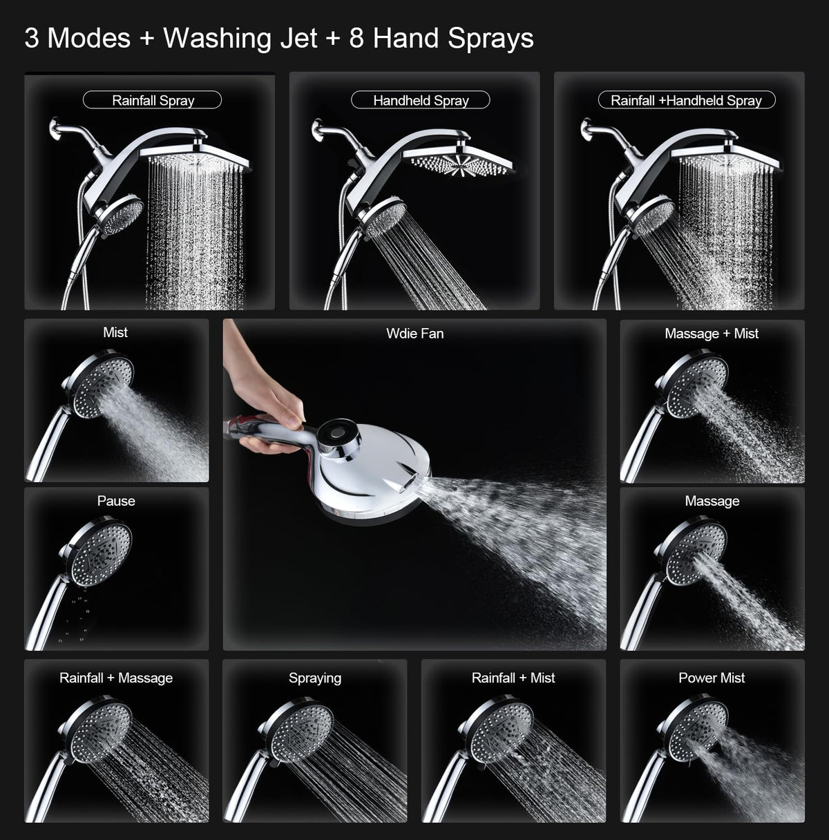 Shower Head with Rainfall Patter | Handheld Showerhead | Black | 1.8GPM