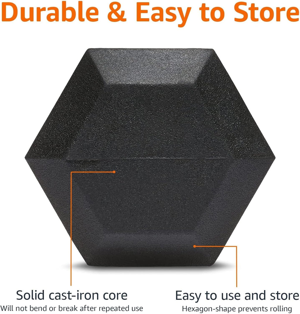 Hexagonal black weight with text highlighting durability and ease of storage