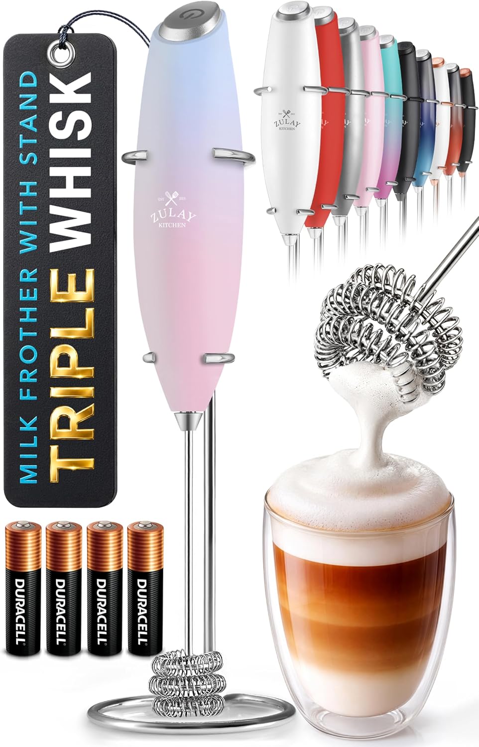 Zulay Kitchen Rechargeable Milk Frother Handheld - Frother Wand, Drink Mixer, Electric Whisk Frother, for Cappuccinos, Matcha & Protein Powder - Dynamic 3 Whisk, 3 Speed 500mAh Black