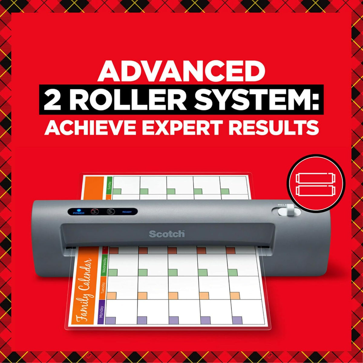 Scotch laminator with printed materials on a red background with text about an advanced 2 roller system.