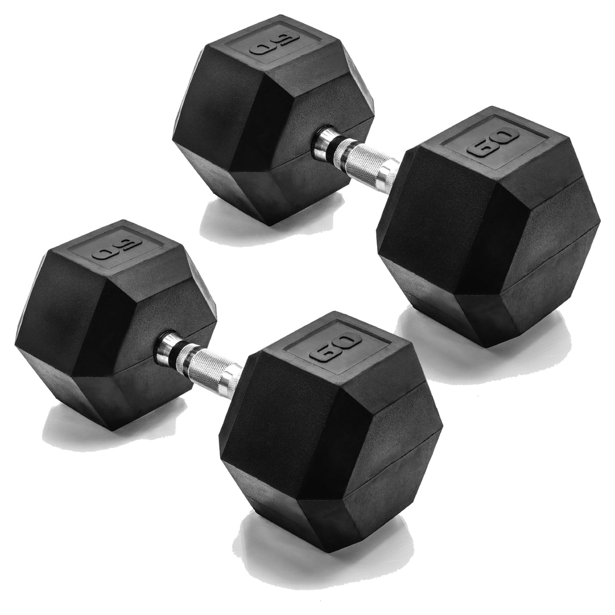 Four black hex dumbbells with silver metal handles, arranged on a clean white background. Each dumbbell is marked with '25' on the weight end.