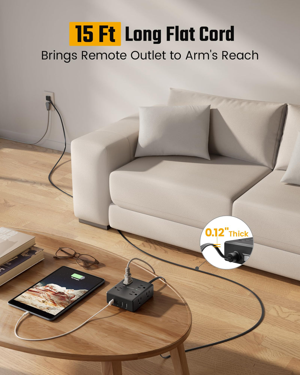Extension Cord,Flat Plug Surge Protector Power Strip,10Ft | 8 AC & 4 USB Ports