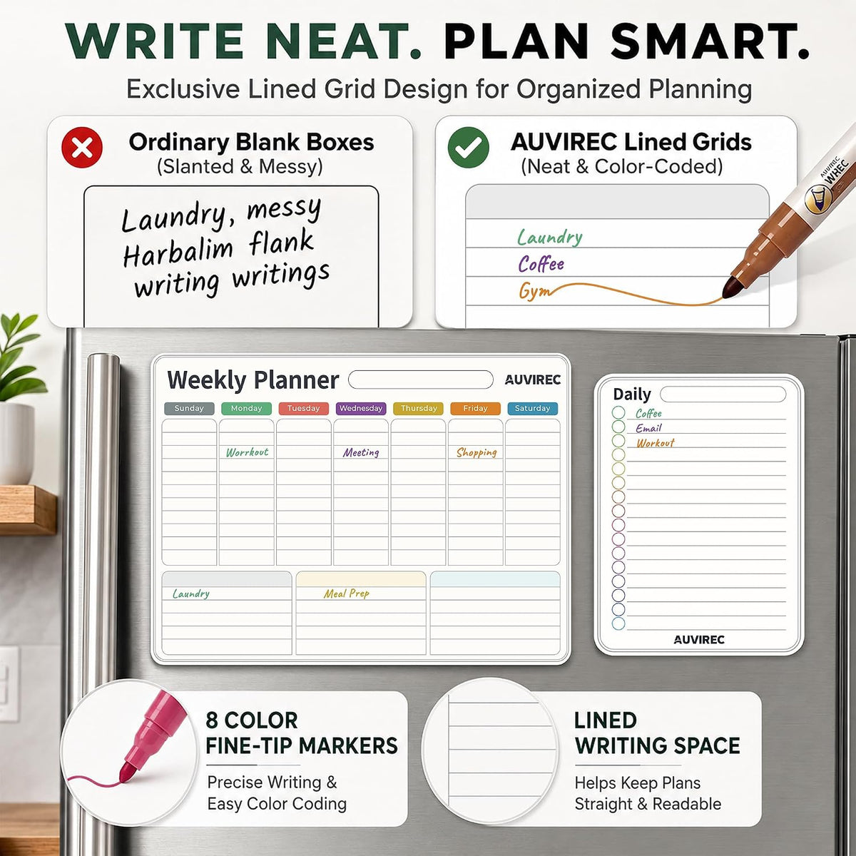Magnetic Calendar for Refrigerator, 3-Pack |Nano-Tech Surface, 17"x12", 8 Markers & Eraser