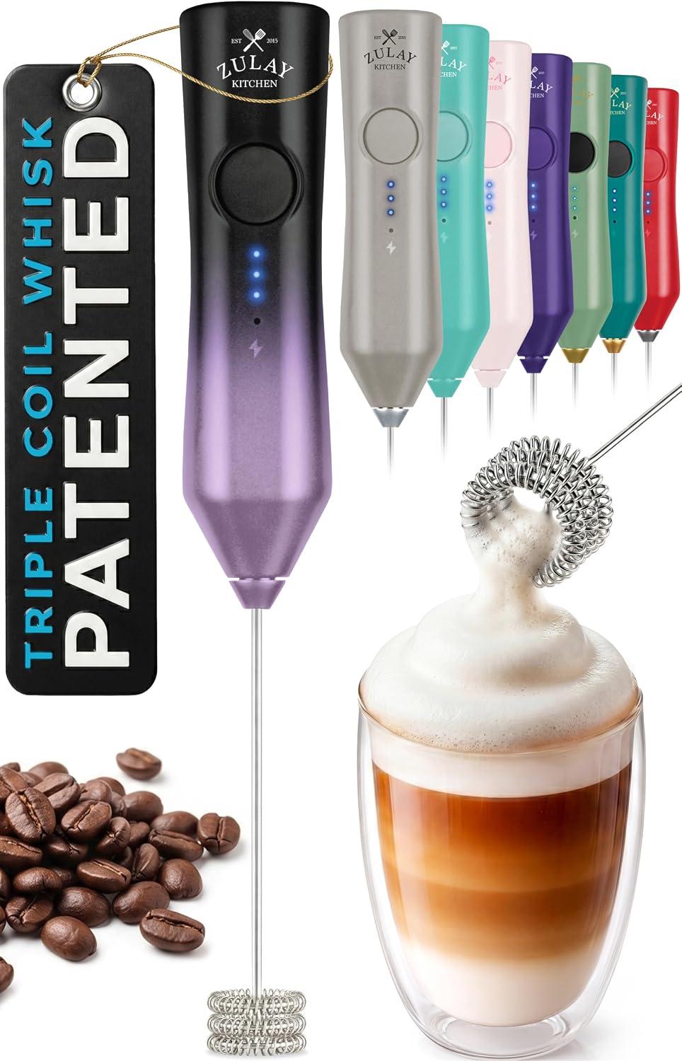 Zulay Kitchen Rechargeable Milk Frother Handheld - Frother Wand, Drink Mixer, Electric Whisk Frother, for Cappuccinos, Matcha & Protein Powder - Dynamic 3 Whisk, 3 Speed 500mAh Black