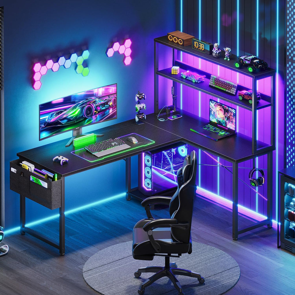 L Shaped Desk Gaming Desk with LED Light & Power Outlet | 53 Inch Home Office
