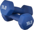 Pair of blue 10LB dumbbells on a white background