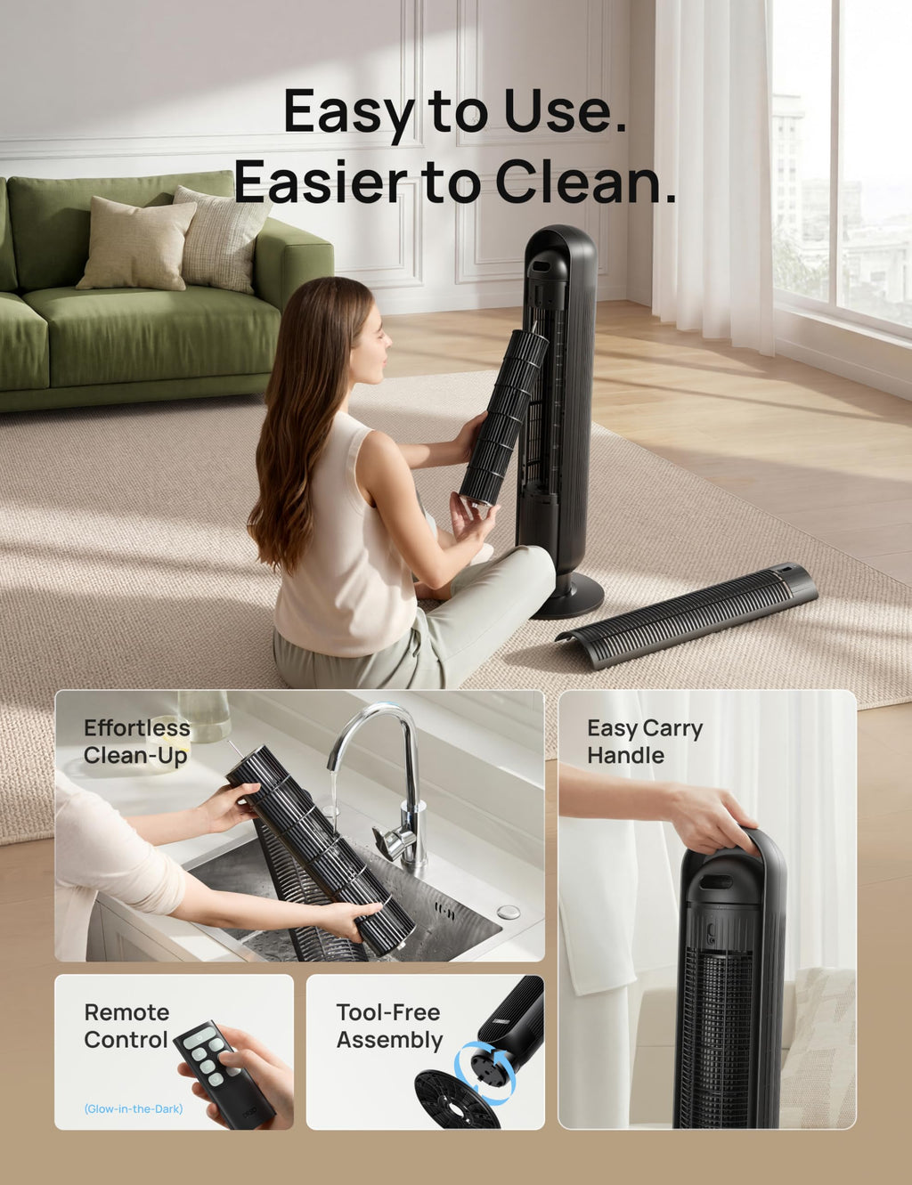 DREO Tower Fan for Bedroom, 25ft/s Velocity, 28dB Ultra Quiet, 4 Speeds