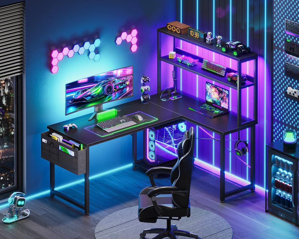 L Shaped Desk Gaming Desk with LED Light & Power Outlet | 53 Inch Home Office