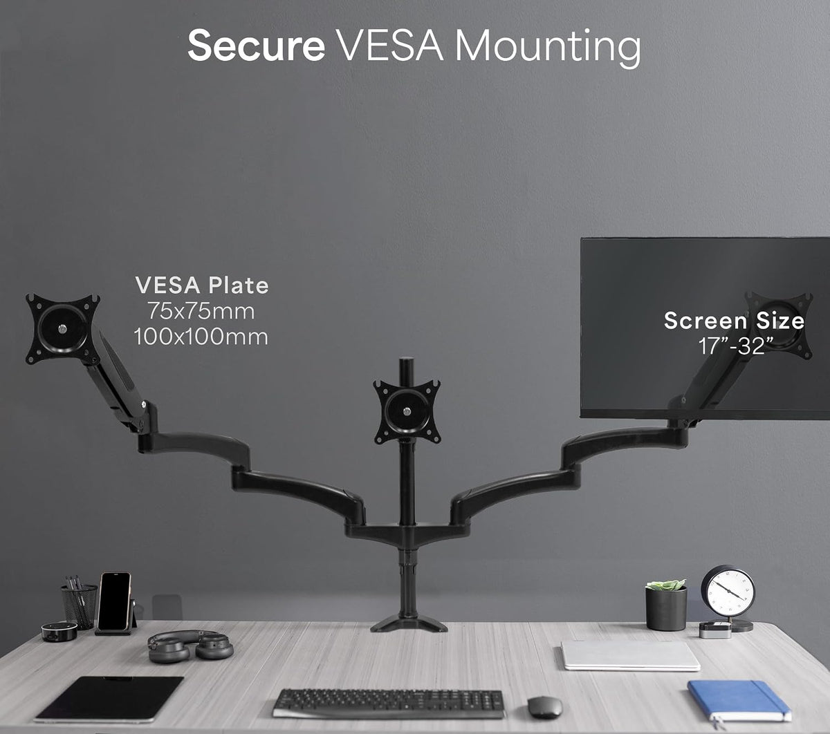 Triple Pneumatic Monitor Mount for 3 Screens up to 32 inches,