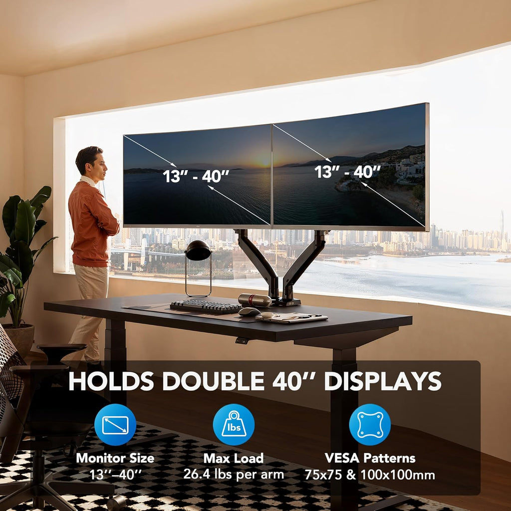Dual Monitor Stand for 13″–40″, Premium Dual Monitor Mount with USB,