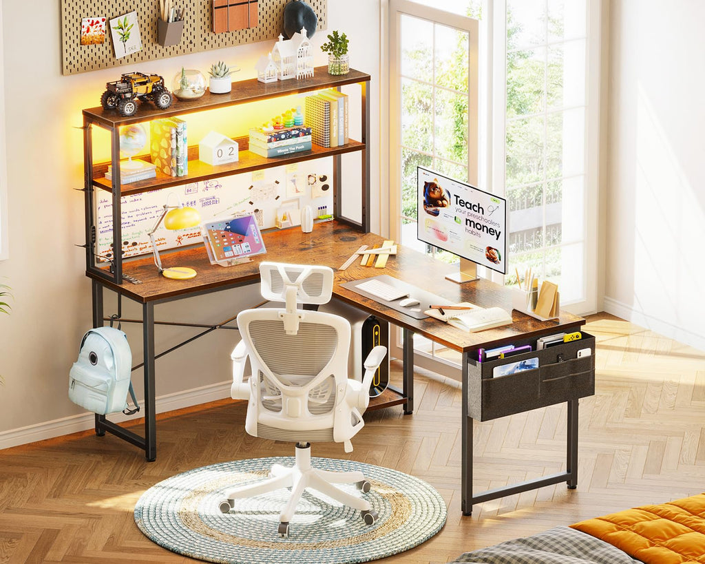 L Shaped Desk Gaming Desk with LED Light & Power Outlet | 53 Inch Home Office