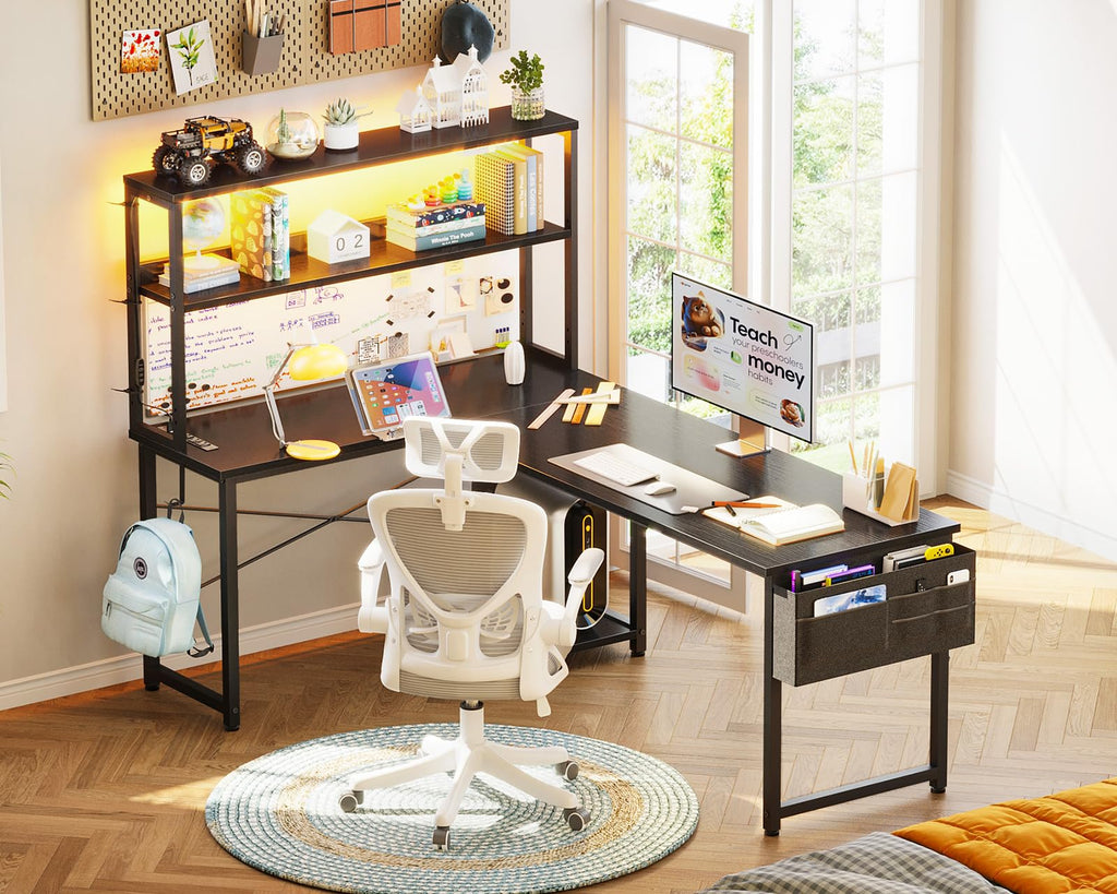 L Shaped Desk Gaming Desk with LED Light & Power Outlet | 53 Inch Home Office