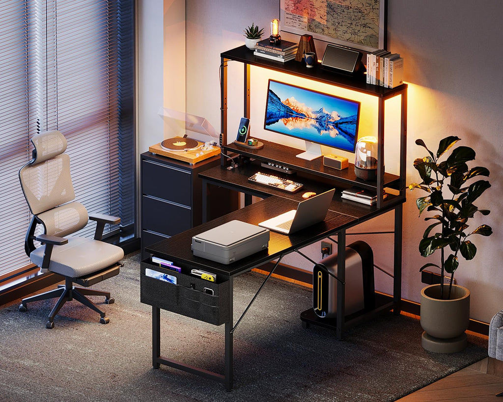 L Shaped Desk Gaming Desk with LED Light & Power Outlet | 53 Inch Home Office