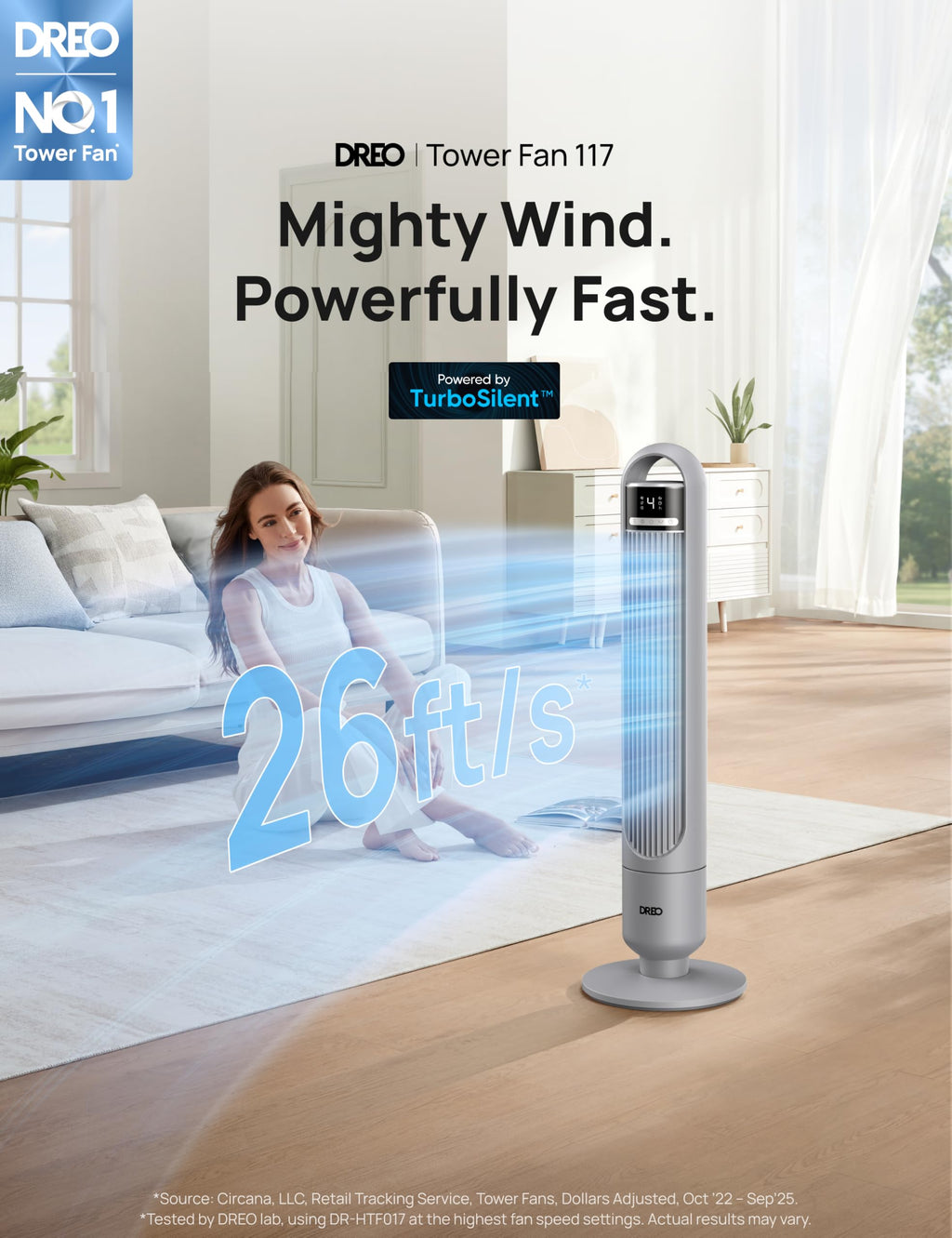 DREO Tower Fan for Bedroom, 25ft/s Velocity, 28dB Ultra Quiet, 4 Speeds