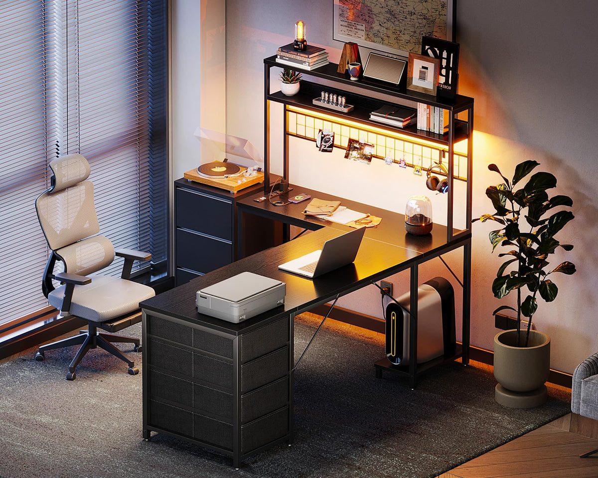L Shaped Desk Gaming Desk with LED Light & Power Outlet | 53 Inch Home Office
