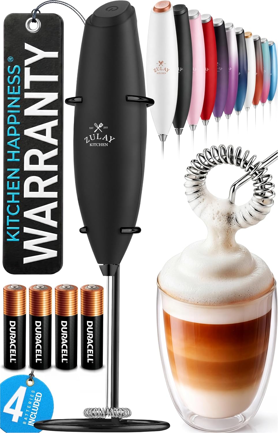 Zulay Kitchen Rechargeable Milk Frother Handheld - Frother Wand, Drink Mixer, Electric Whisk Frother, for Cappuccinos, Matcha & Protein Powder - Dynamic 3 Whisk, 3 Speed 500mAh Black