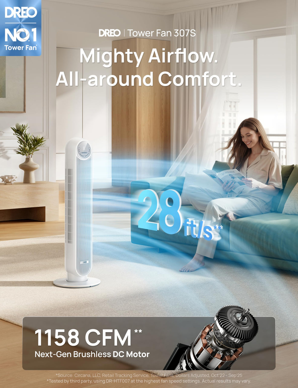 DREO Tower Fan for Bedroom, 25ft/s Velocity, 28dB Ultra Quiet, 4 Speeds