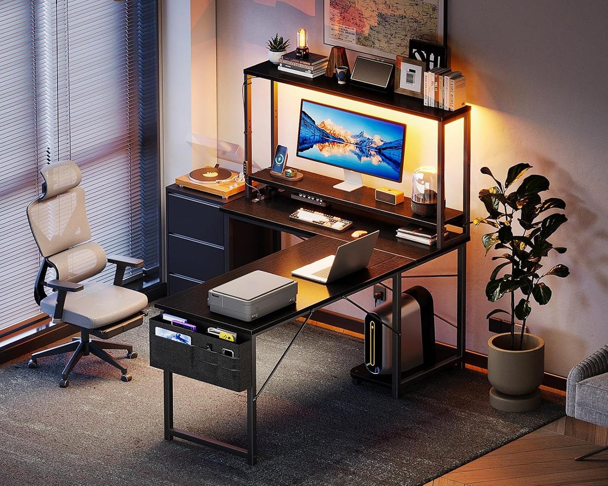 L Shaped Desk Gaming Desk with LED Light & Power Outlet | 53 Inch Home Office