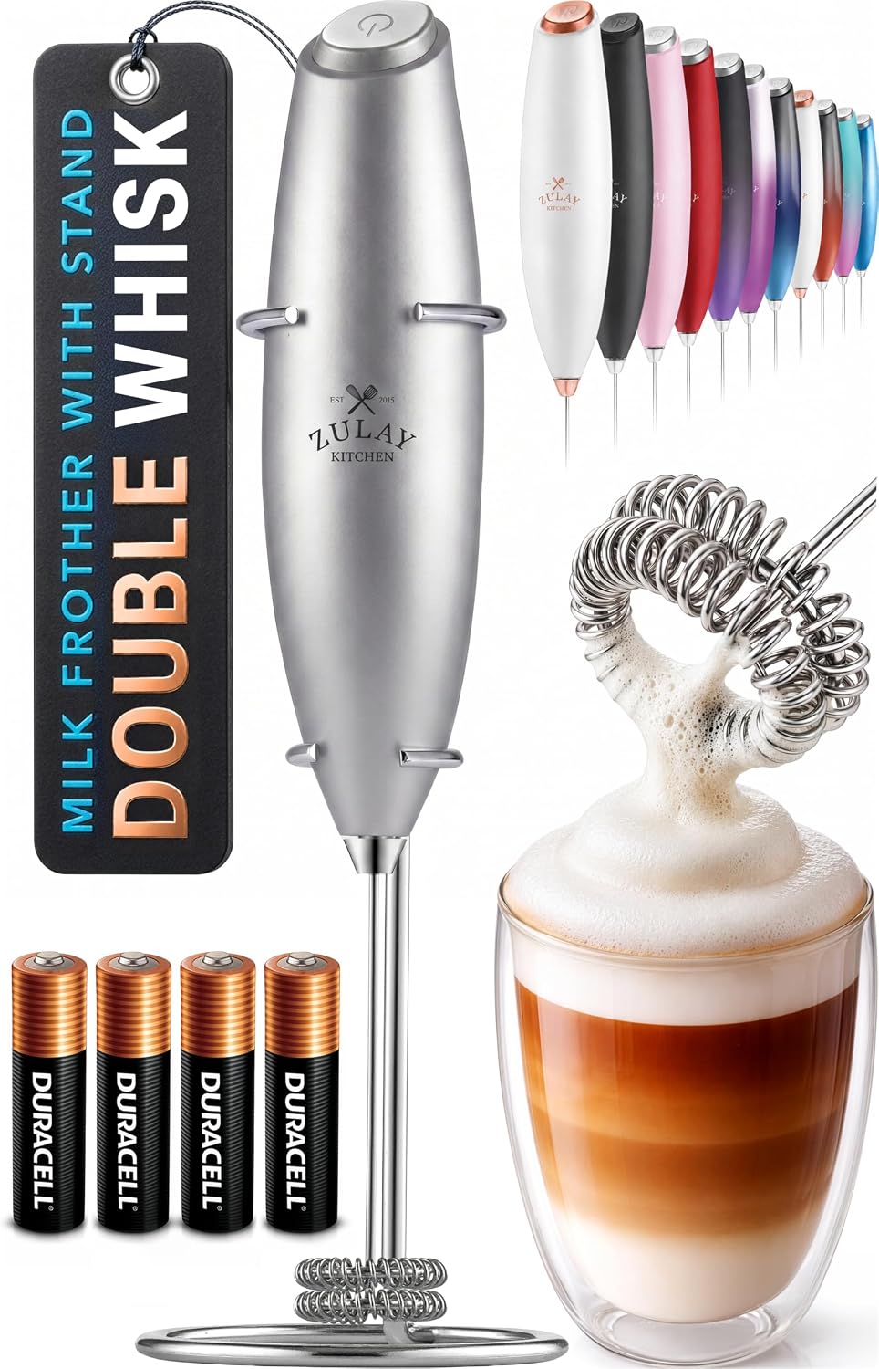 Zulay Kitchen Rechargeable Milk Frother Handheld - Frother Wand, Drink Mixer, Electric Whisk Frother, for Cappuccinos, Matcha & Protein Powder - Dynamic 3 Whisk, 3 Speed 500mAh Black