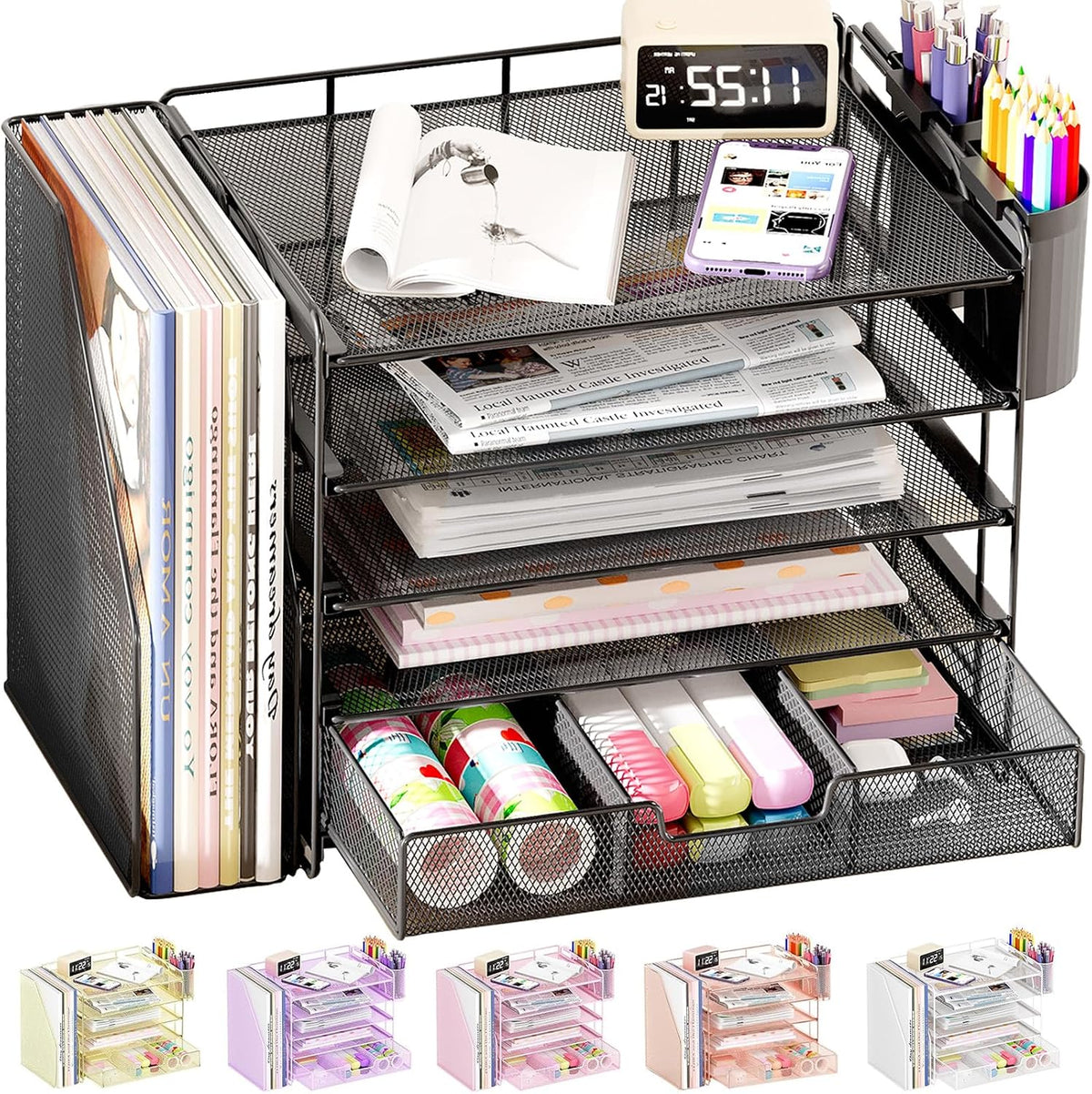 Black mesh desk organizer with multiple compartments holding office supplies.