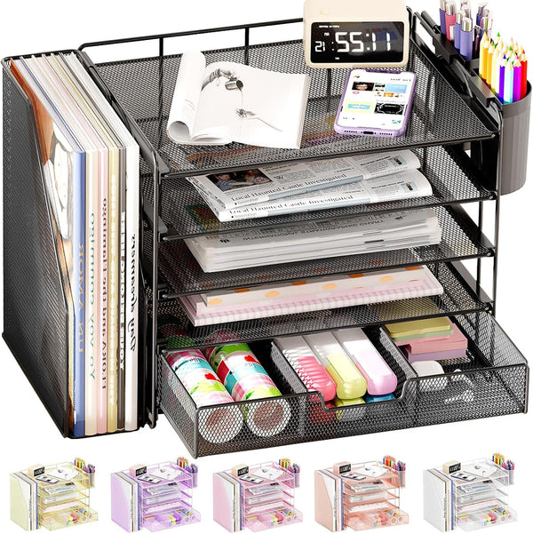 Black mesh desk organizer with multiple compartments holding office supplies.