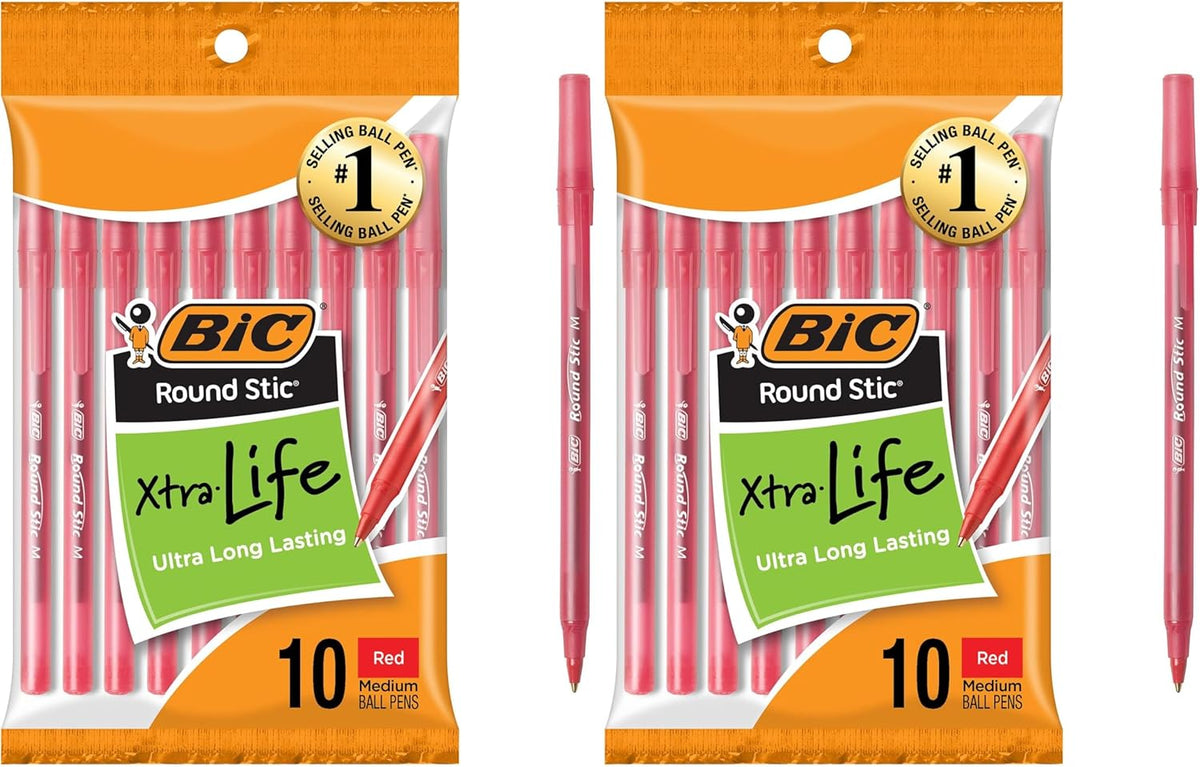 BIC Round Stic Xtra Life Blue Ballpoint Pens, 10-Count Pack, 1.0mm