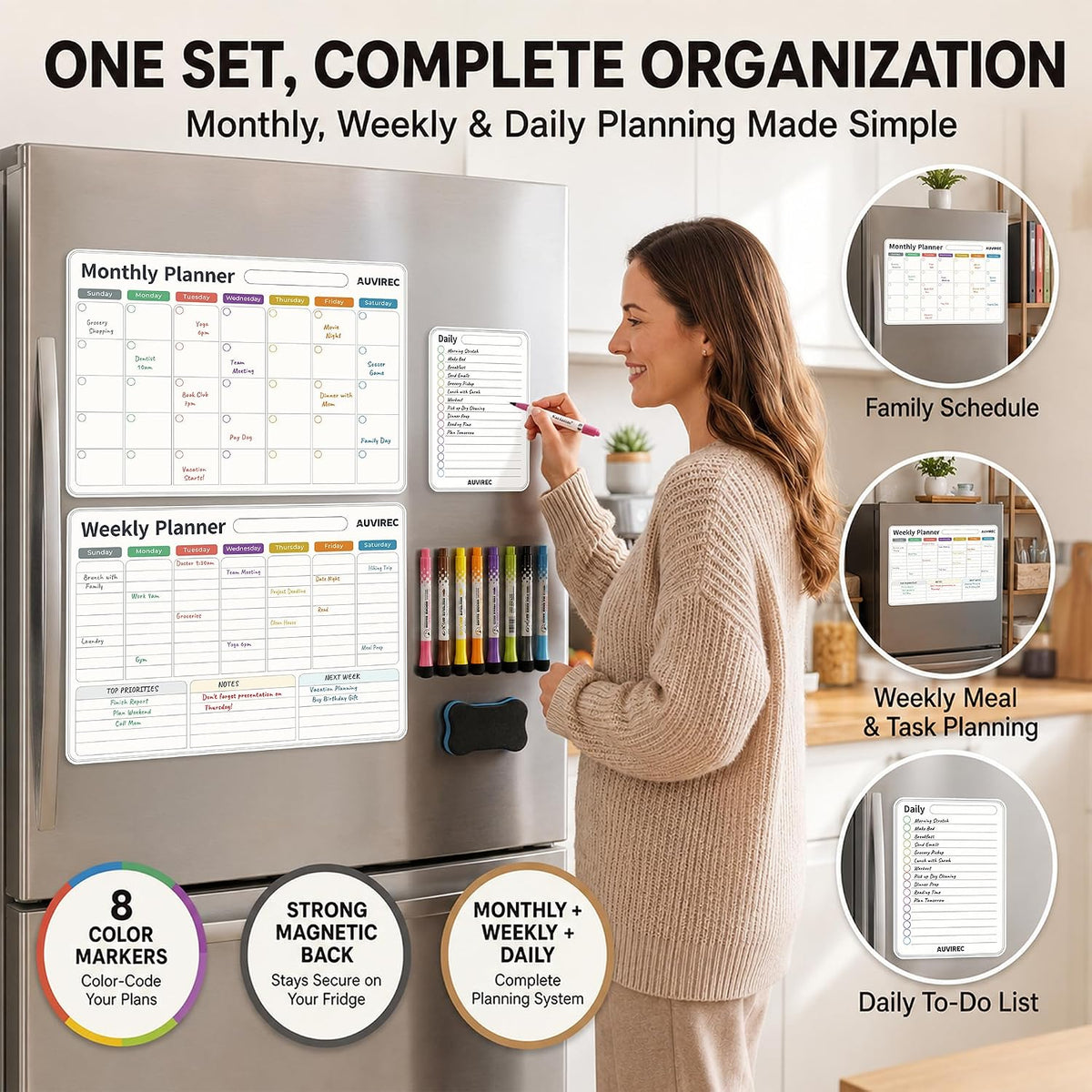 Magnetic Calendar for Refrigerator, 3-Pack |Nano-Tech Surface, 17"x12", 8 Markers & Eraser