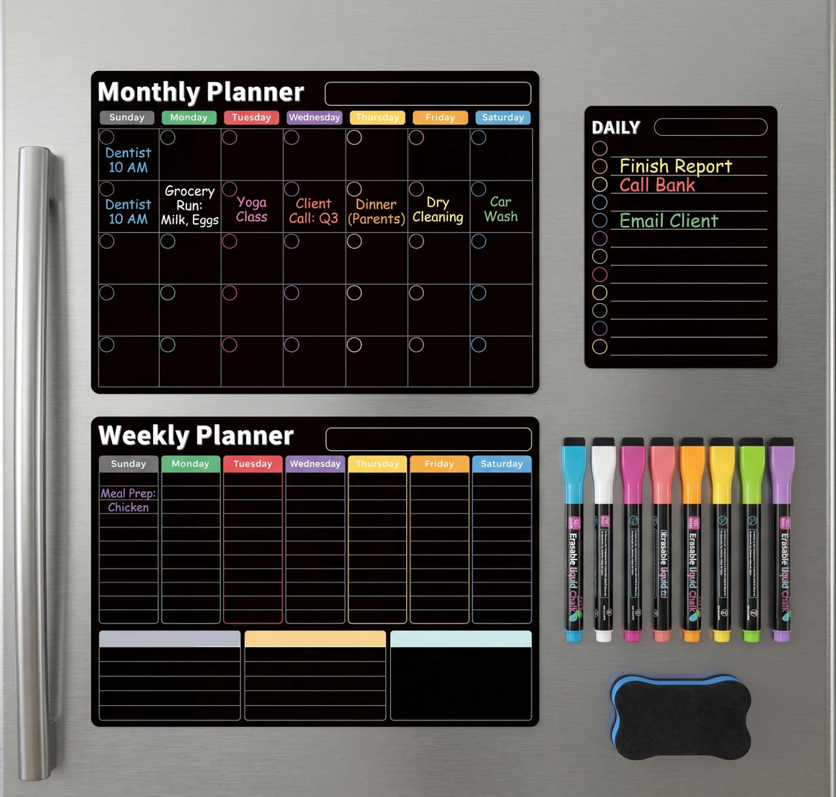 Magnetic Calendar for Refrigerator, 3-Pack |Nano-Tech Surface, 17"x12", 8 Markers & Eraser